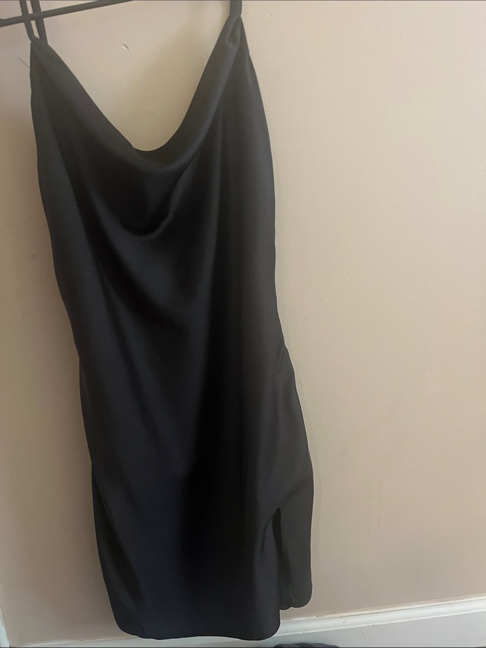 Sage Black Satin Slip Dress with Cowl Neck
